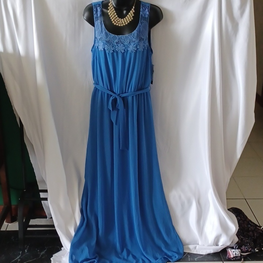 AB Studio Maxi Dress, blue, lace top, belted, L, lined, NWT
